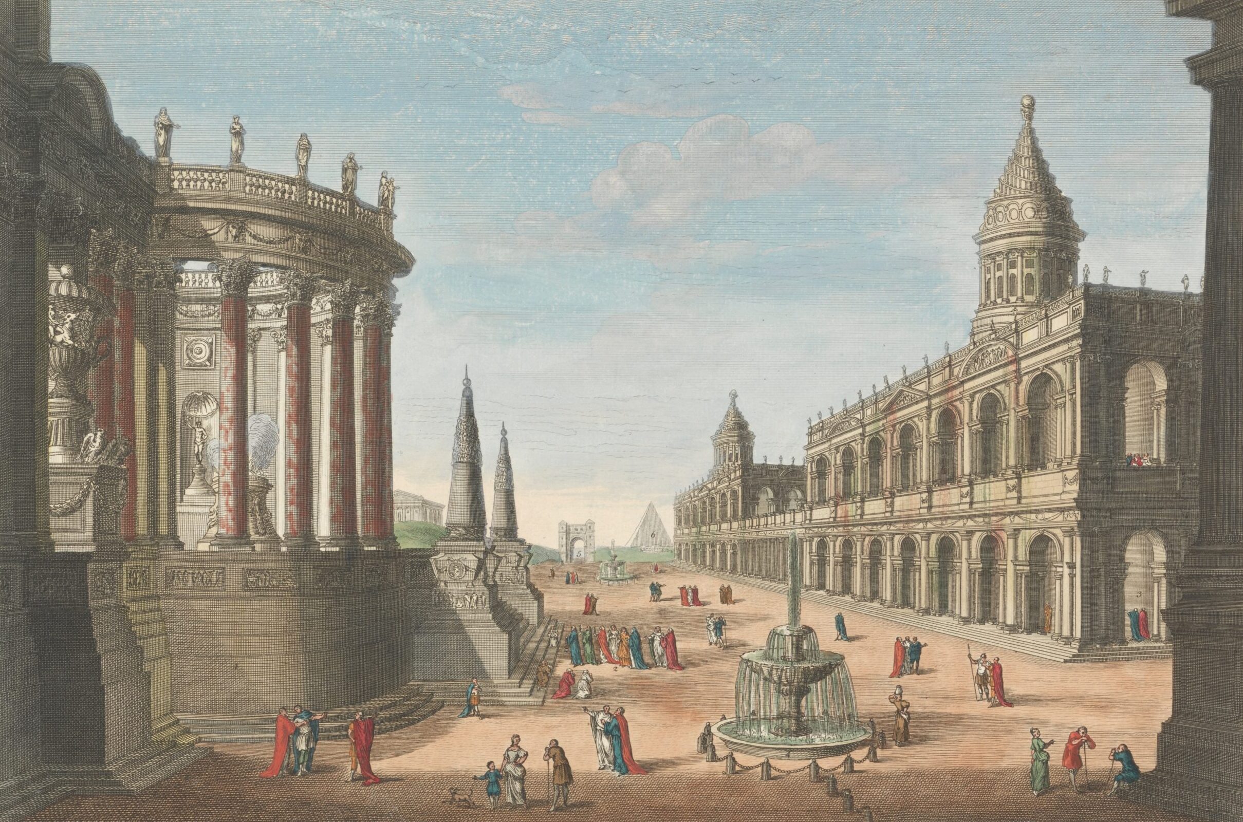 An illustration imagining ancient Rome which features the temple of Vesta, the arch of Trajan, and the pyramid tomb of Cestius.